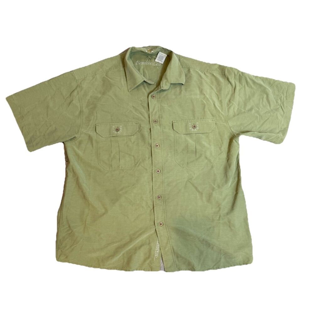 Men’s Bamboo cay Large Green Short Sleeve Button Up 2 Pocket Modal